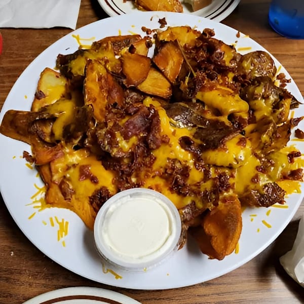 A plate of cheesy bacon home fries with a side of sour cream at Studebaker's Country Restaurant.