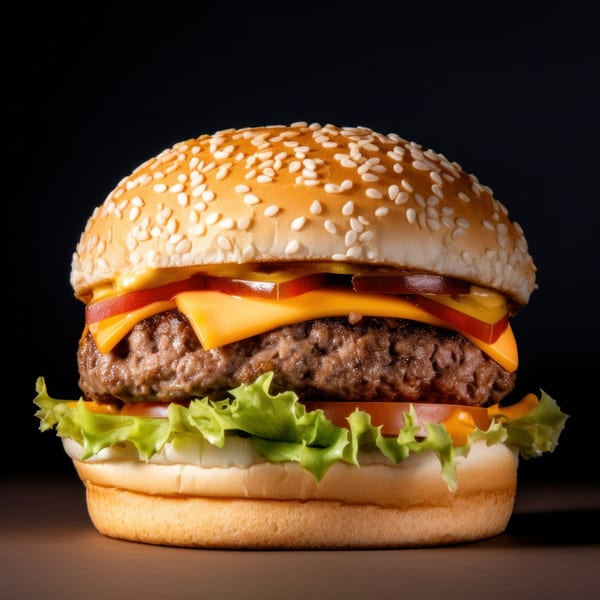 A classic Studebaker's Country Restaurant cheeseburger with lettuce, tomato, and sesame seed bun.