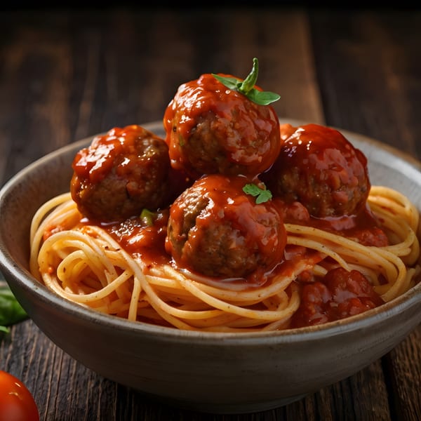 Spaghetti and meatballs with tomato sauce and basil in a rustic bowl on a wooden table.