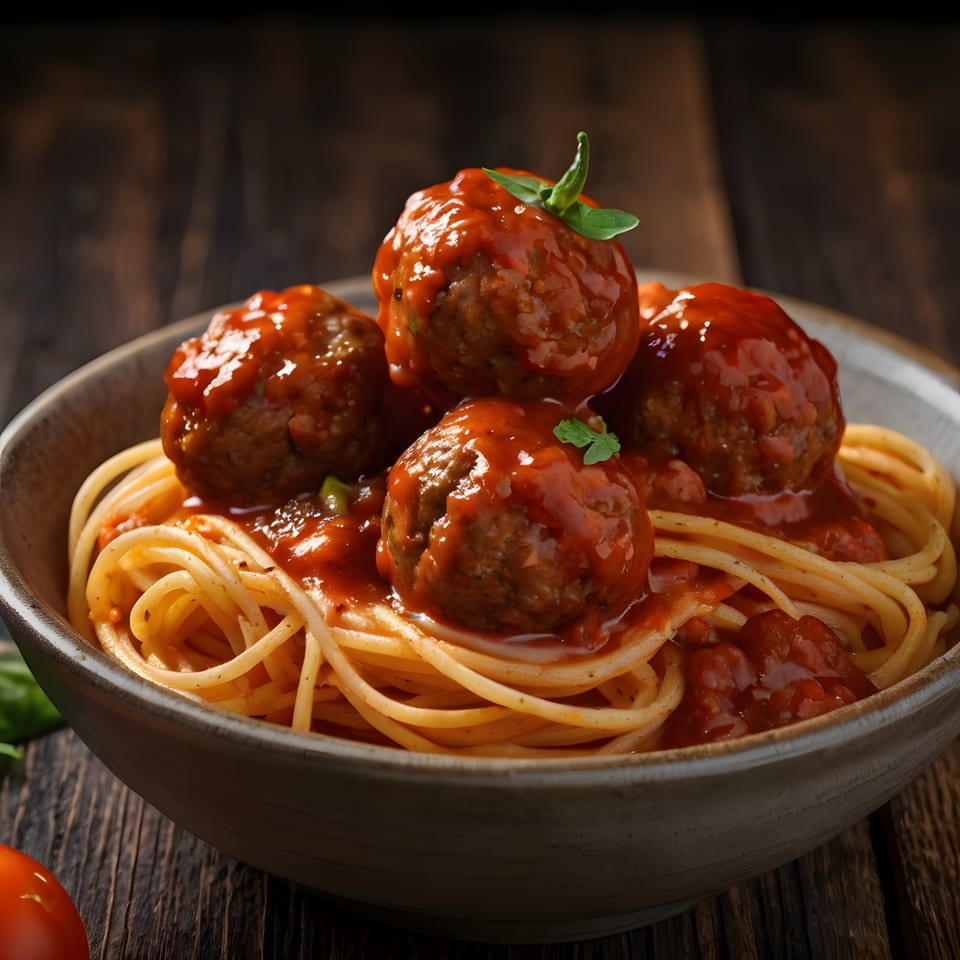 Spaghetti and meatballs with tomato sauce and basil in a rustic bowl on a wooden table.
