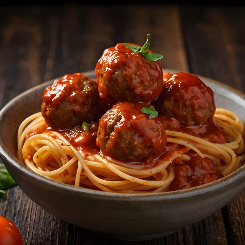 Spaghetti and meatballs with tomato sauce and basil in a rustic bowl on a wooden table.